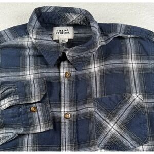 Field & Stream Shirt Mens Large Blue Gray Plaid Flannel Travel Outdoor Button Up